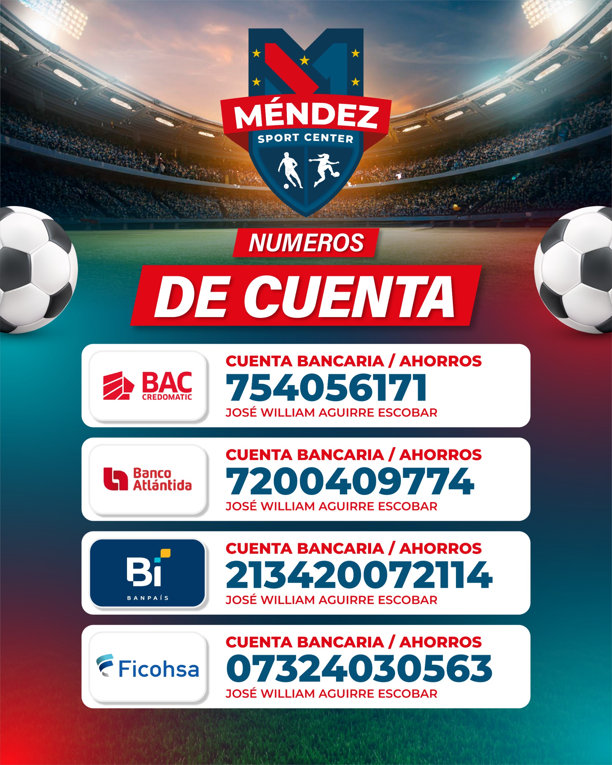 Formas de pago Méndez Sport Center — BAC, Atlántida, Banpaís y Ficohsa